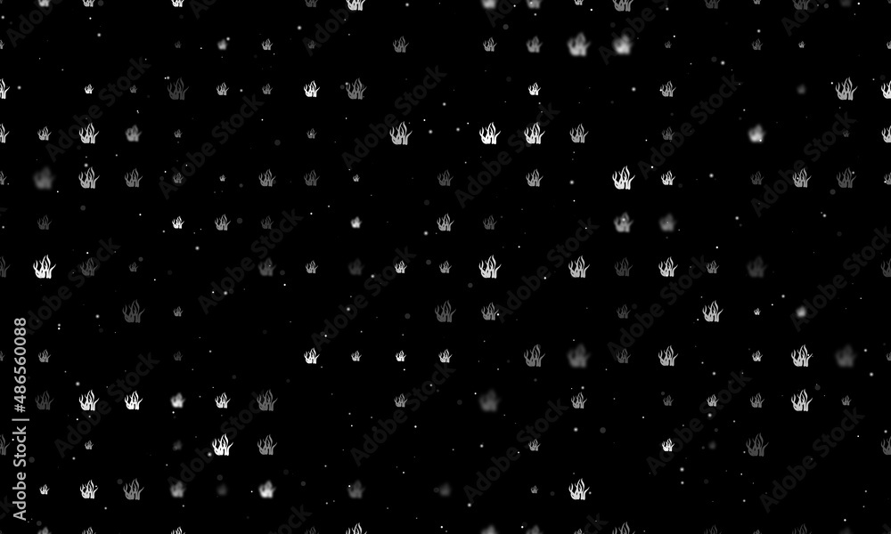 Seamless background pattern of evenly spaced white seaweed symbols of different sizes and opacity. Vector illustration on black background with stars Seamless background pattern of evenly spaced white seaweed symbols of different sizes and opacity. Vector illustration on black background with stars