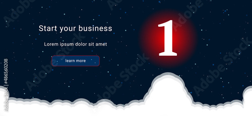 Business startup concept Landing page screen. The number one symbol on the right is highlighted in bright red. Vector illustration on dark blue background with stars and curly clouds from below