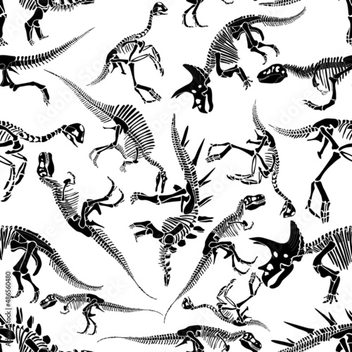 Seamless pattern of dinosaur skeletons in isolate on a white background. Vector illustration.