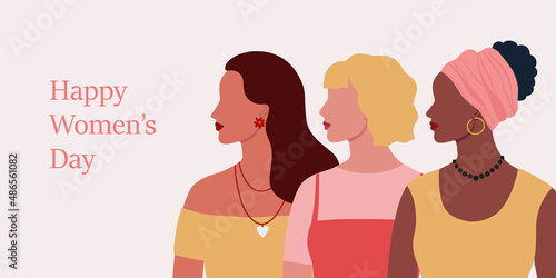 Group of women of different nationalities ethnicity and hairstyle. Female diverse portraits. International Women's day, 8 March design. Women's friendship, sisterhood. Vector illustration