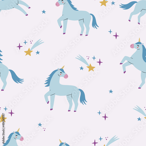Cute cartoon colorful seamless pattern with unicorns and stars on pastel background. Perfect for kids textile, wallpaper, wrapping paper etc. Vector illustration