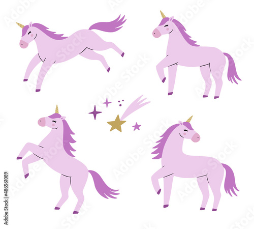 Magic cute unicorn set. Cartoon style beautiful unicorns for kids stuff, posters, cards etc. Vector illustration