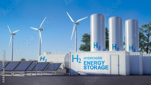 power station hydrogen energy storage battery with solar plant and wind turbine photo