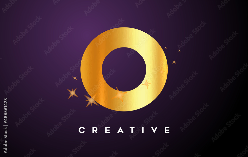 Gold O Letter Logo with Golden Glitter Stars and Gold Foil Texture Icon ...