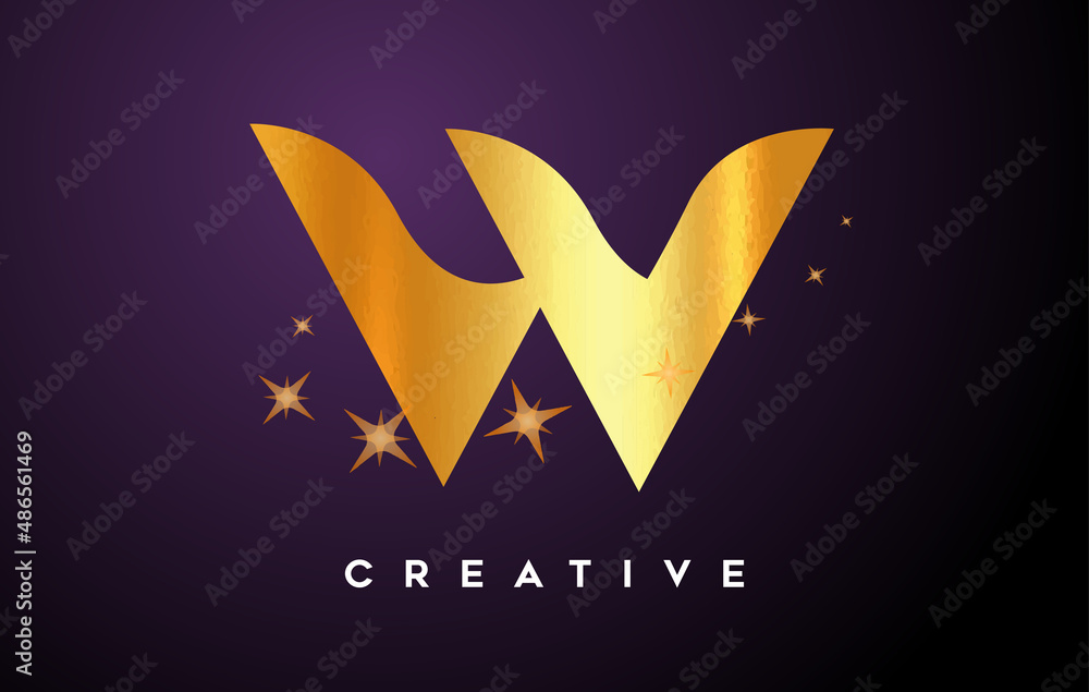 Gold W Letter Logo with Golden Glitter Stars and Gold Foil Texture Icon ...