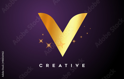 Gold V Letter Logo with Golden Glitter Stars and Gold Foil Texture Icon Vector
