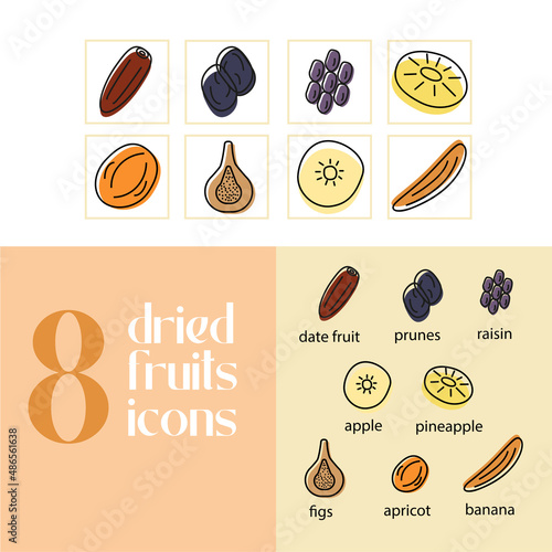 SET 8 dried fruit icons. Date fruit, prunes, raisin, apricot, figs, dried apple, dried pineapple, dried banana.