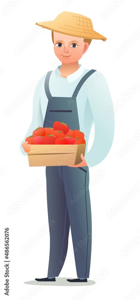 Little boy villager farmer in overalls. Teen is an agricultural worker.  Cheerful person Standing pose. Cartoon comic style design. Single  character. Illustration isolated on white background. Vector Stock Vector |  Adobe Stock