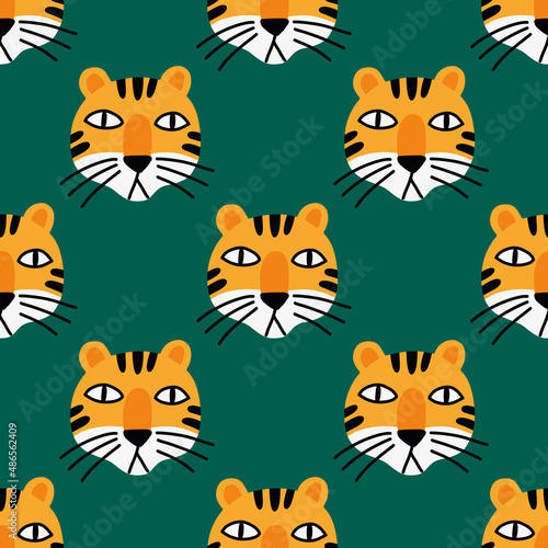 The cartoon muzzle of a funny tiger. A stylized pattern in doodle style for children s clothing and gift wrapping. 
