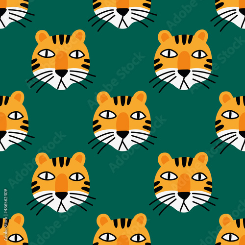 The cartoon muzzle of a funny tiger. A stylized pattern in doodle style for children's clothing and gift wrapping. 