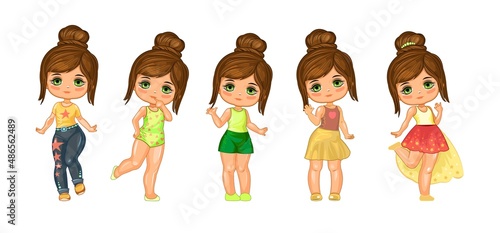 Cute little girl doll with beautiful hairstyle. Fun cartoon style. Set of characters in different clothes and poses. Object isolated on white background. Vector
