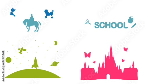 Set sagome bambini scuola favole fiabe castello cavaliere satellite pianeta alieni gattino cagnolino forbici sveglia