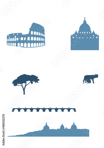 set sagome vettoriali roma antica lupa statua pino marittimo Romolo Remo Colosseo Castel sant'Angelo ponte Sisto Garibaldi san Pietro basilica cupolone cupola