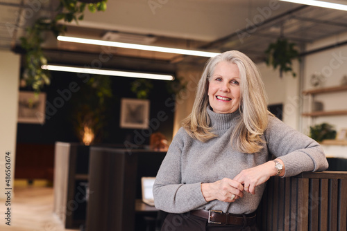 Portrait of confident senior white woman with long grey hair smiling and looking at camera in coworking space
