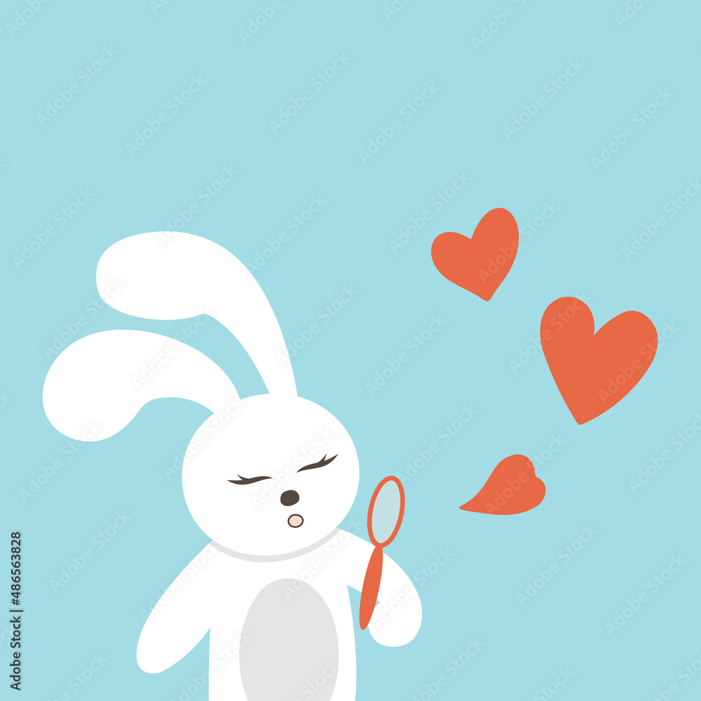 Vector illustration with Easter bunny cute cartoon character rabbit. Blows soap bubbles hearts. Vector illustration with Easter bunny cute cartoon character rabbit. Blows soap bubbles hearts.