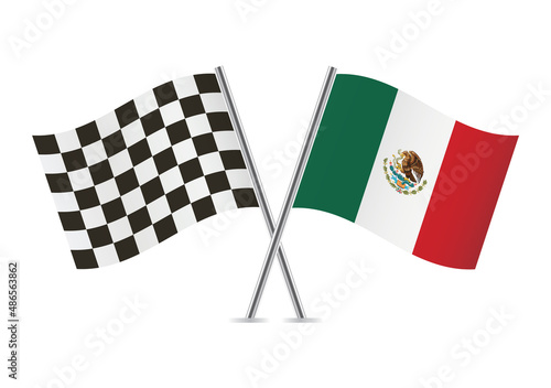 Checkered (racing) and Mexico, crossed flags, isolated on white background. Vector icon set. Vector illustration.