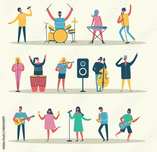 People playing musical instruments vector illustrations set. Young singer recording song with professional equipment cartoon character.