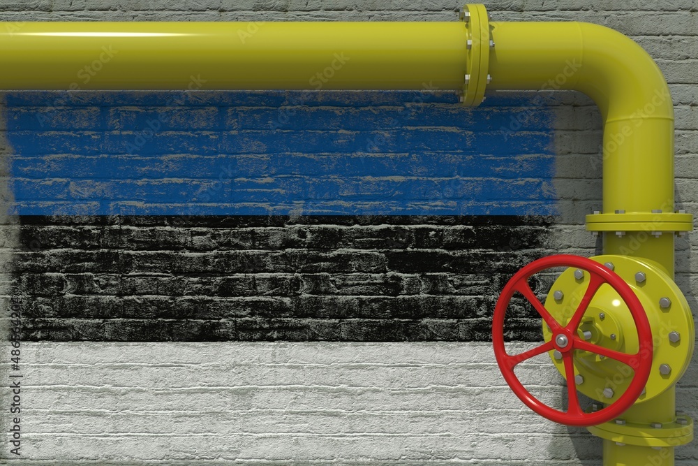 Pipe with valve and flag of Estonia. 3d rendering