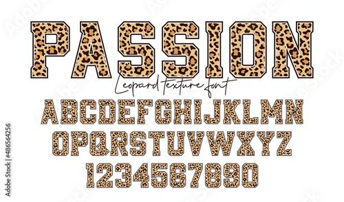 Leopard font. Alphabet and numbers with leopard skin print. College style font with wild leopard skin texture. Vector