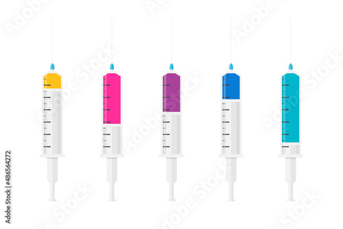Set of syringes with different level of fluid. Syringes icon in flat style. Medical syringe with needle
