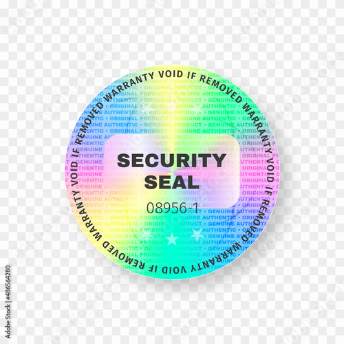 Holographic sticker mockup. Foil holographic sticker and label. Tamper evident warranty seal mockup. Hologram sticker and badge in circle shape. Vector