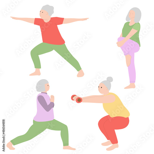 A group of older women practice yoga classes. The women are doing stretching. Vector illustration on white background. Hand drawing. For print, web design.