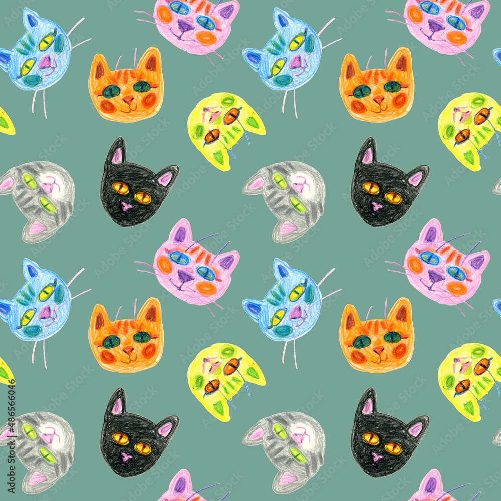 Seamless pattern of multicolored faces of cats drawn with wax crayons on a granite green background. For fabric, sketchbook, wallpaper, wrapping paper. Seamless pattern of multicolored faces of cats drawn with wax crayons on a granite green background. For fabric, sketchbook, wallpaper, wrapping paper.