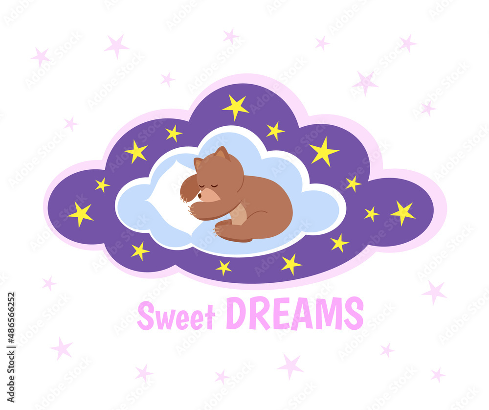 Card design with a sleeping cute teddy bear inside of blue clouds with stars. Cartoon isolated vector illustration in flat style with lettering