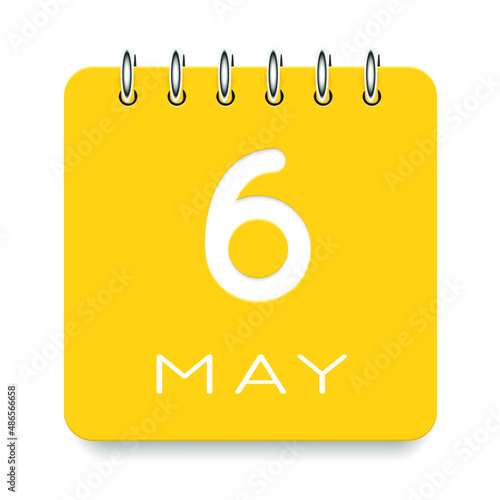 06 day of the month. May. Cute yellow calendar daily icon. Date day week Sunday, Monday, Tuesday, Wednesday, Thursday, Friday, Saturday. Cut paper. White background. Vector illustration.