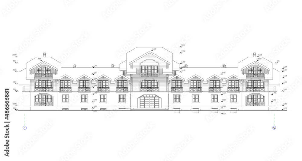Private townhouse facades, detailed architectural technical drawing, vector blueprint