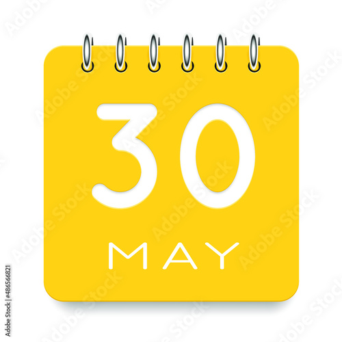 30 day of the month. May. Cute yellow calendar daily icon. Date day week Sunday, Monday, Tuesday, Wednesday, Thursday, Friday, Saturday. Cut paper. White background. Vector illustration.