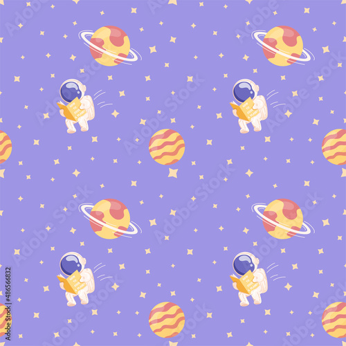 Seamless pattern of deep space with planets and stars, astronaut and asteroids in a flat style. Vector illustration