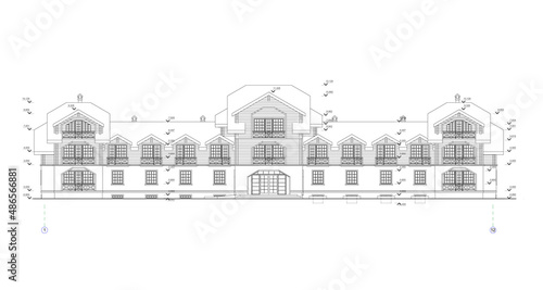 Private townhouse facades, detailed architectural technical drawing, vector blueprint