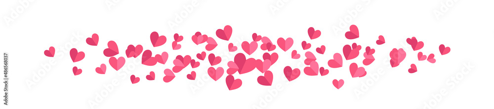 Line of hearts. Pink paper hearts flying in the wind. 
Heart border. Vector clipart isolated on white background.