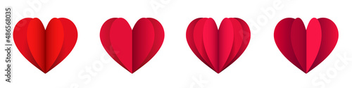 Set of origami hearts. Red and pink paper hearts. Vector 3d clipart isolated on white background.
