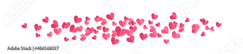 Line of hearts. Pink paper hearts flying in the wind. 
Heart border. Vector clipart isolated on white background.