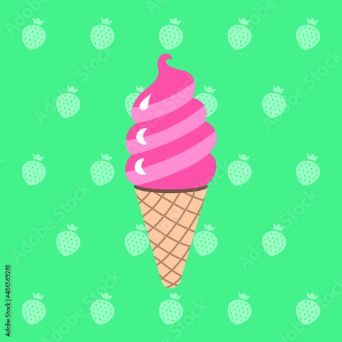 Vector illustration of a strawberry ice cream on a berry background. Tasty, sweet, summer dessert. It is suitable for use for postcards, gifts, social media, print, cafe menu, restaurant, bar, shops.