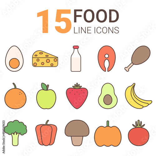 Set of linear colored icons of healthy food 