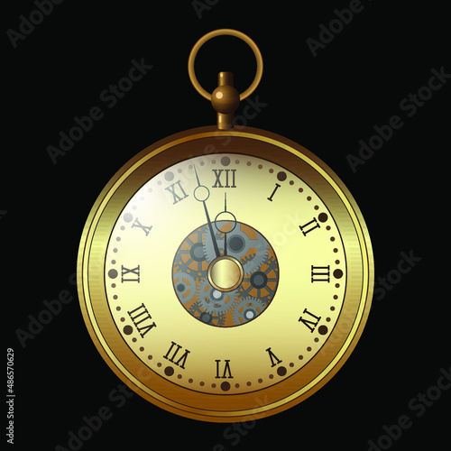Vintage pocket watch. Isolated on black background. Vector illustration.