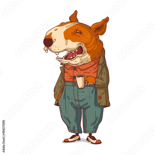 A dog on a coffee break, vector illustration. Humanized bull terrier. Positive anthropomorphic dog, standing with his hand in pocket, holding a mug of tea or coffee. Animal character with human body
