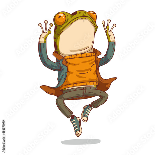 Illusionist frog, isolated vector illustration. Levitating humanized frog. Spectacular toad magician. Trendy dressed anthropomorphic frog, floating in a jump. An animal character with a human body