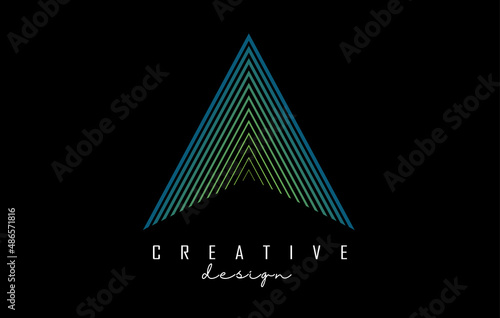 Letter A logo with colorful gradient lines. Vector illustration with geometric typography.