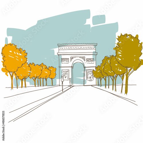 Triumphal arch drawing. Paris, France. Vector illustration