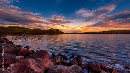 Sunrise over Lake and Kiosk Campground in Algonquin Provincial Park