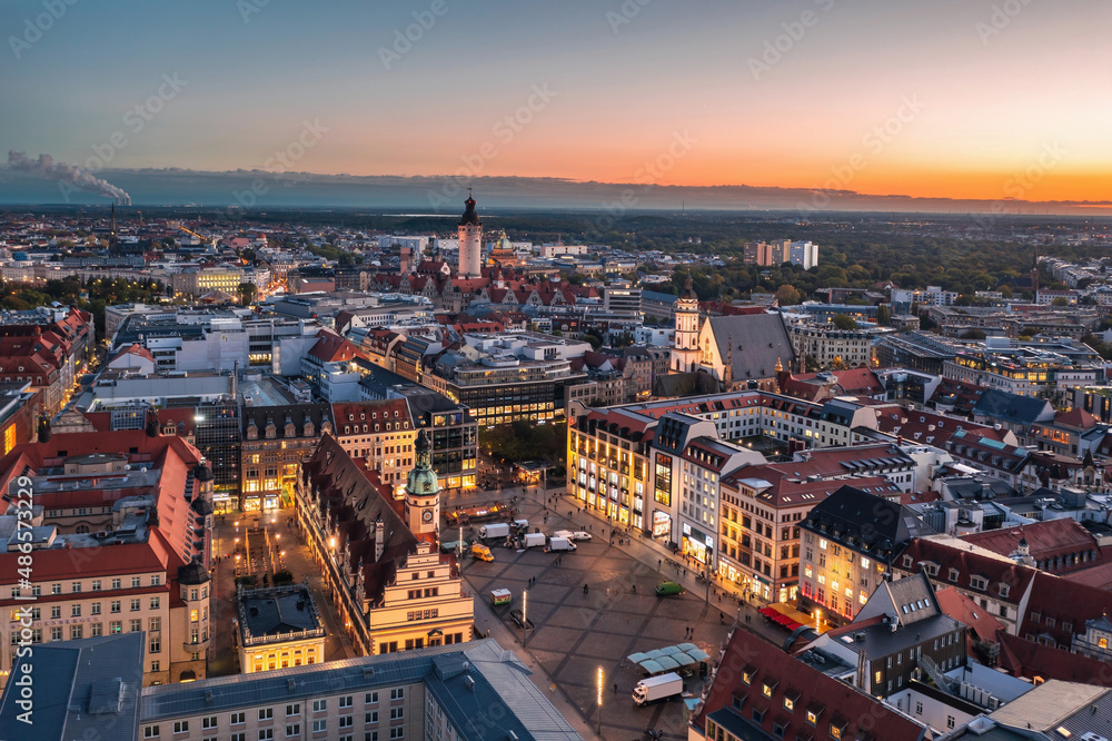 Aerial night view on the illuminated Marktplatz in Leipzig (Saxony, Germany)