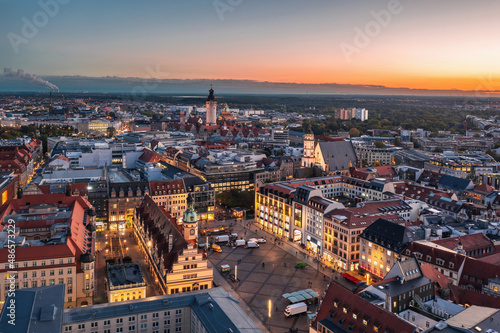 Aerial night view on the illuminated Marktplatz in Leipzig  Saxony  Germany 