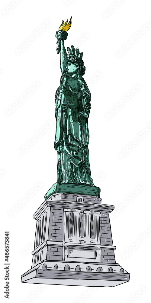 Fototapeta premium Statue of liberty in hand drawing style, line hatching stroke, color. Hand drawn sketch. American national symbol, New York and USA landmark. Vector.