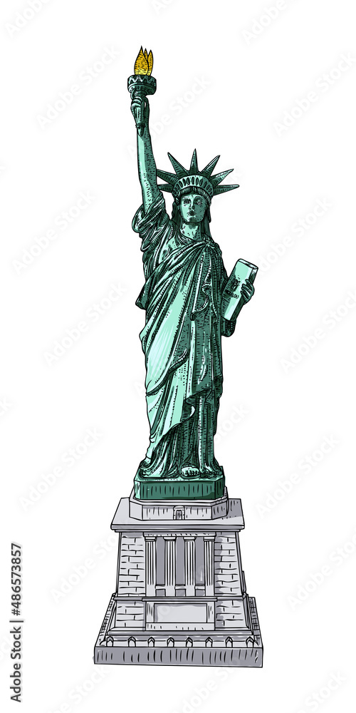 Fototapeta premium New York famous Statue of liberty sketch. Hand drawing style, line hatching stroke. Symbol of freedom and United States Declaration of Independence. Vector.