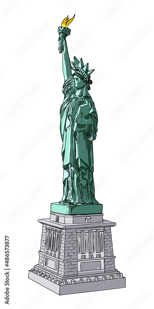 Fototapeta premium New York famous Statue of liberty sketch. Hand drawing style, line hatching stroke. Symbol of freedom and United States Declaration of Independence. Vector.