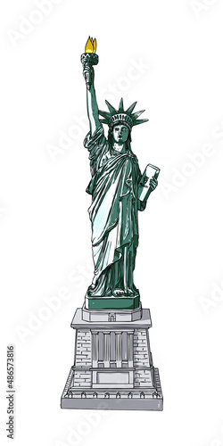 Drawing of Statue of Liberty in color for national posters 4th July United States of America Declaration of Independence day and events such as Memorial Day May 27 and Veterans Day November 11. Vector